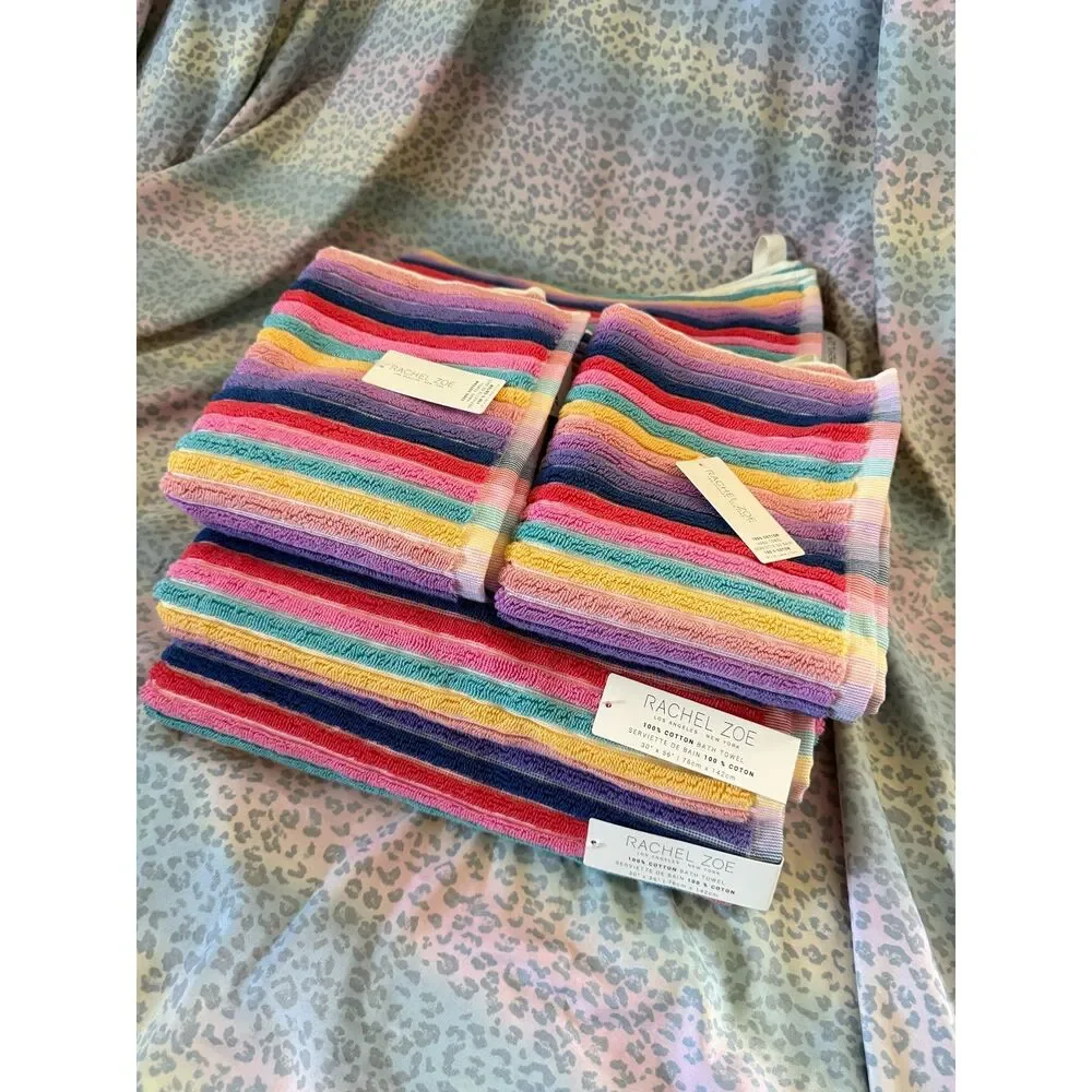 Rachel Zoe 100% Cotton Rainbow Stripe Bath & Hand Towel Set Colorful Luxury